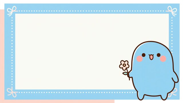 Cute blue oval mascot holding flower frame template.