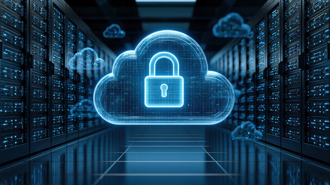 Secure cloud with padlock hologram floating in data center aisle, digital protection and encrypted storage visualizing cyber security