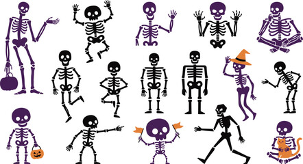 Naklejka premium Set of cute cartoon skeletons for halloween party decorations and stickers