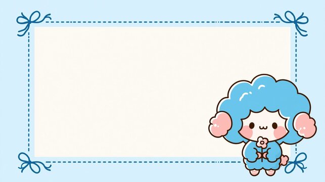 Puffy hair character flower frame blue border.