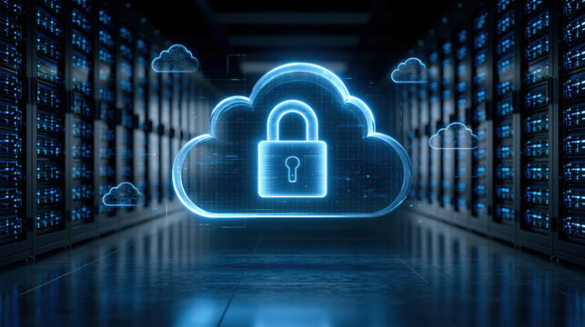 Secure cloud lock icon glowing in data center conveying enterprise cloud security and digital protection
