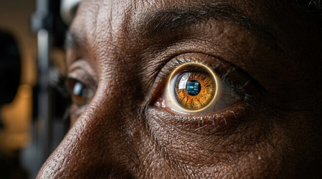 Extreme close up of elderly senior woman's brown eye with glowing iris ring scanner and HUD interface overlay during retinal check.
