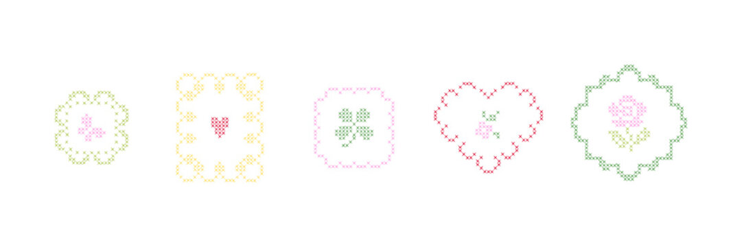 Cross-stitch frames and borders. Oval, round shapes with vintage embroidery elements. Retro hand made covers for branding, scrapbooking and social media.