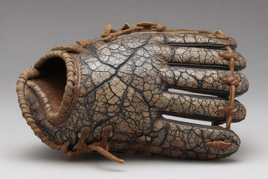 Studio shot of highly detailed vintage weathered leather baseball mitt showing cracked texture surface and heavy stitching lines isolated on plain grey background, classic sports equipment history.
