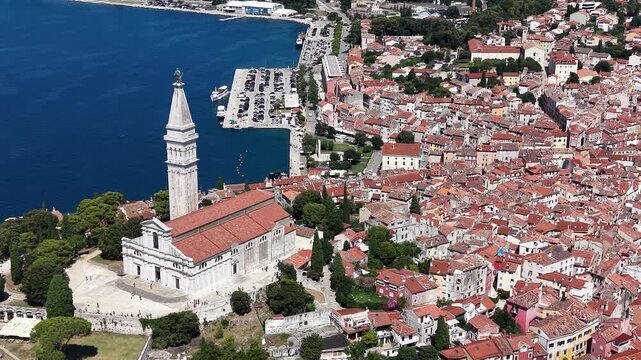 Aerial view of Church of St Euphemia and cityscape in Rovinj city, Croatia