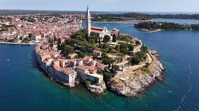 Wide aerial view of peninsula and Church of St Euphemia in Rovinj, Croatia