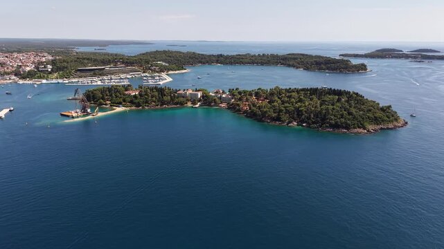 Drone shot of St Katarina Island (Sveta Katarina) near Rovinj city, Croatia