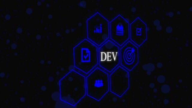 DEV Learning Management System concept. Hand holds wooden cube with DEV symbols on beautiful light background with copy space. Online business education. Electronic School icon background animation