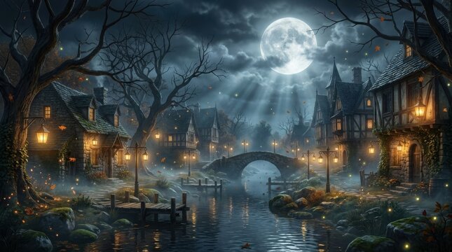 Halloween night scene with full moon and bridge over river