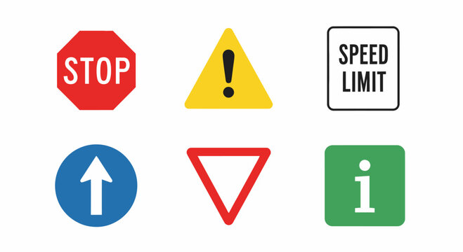 Collection of Road Traffic Signs: Stop, Warning, Speed Limit, Go, Yield, Information