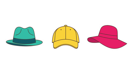 Fototapeta premium Variety of Hats: Fedora, Baseball Cap, and Sun Hat