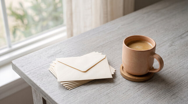 Stack of envelopes and coffee mug on a wooden desk near window
