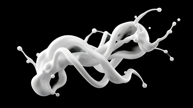 Dynamic white liquid splash forming artistic swirls and abstract shapes against solid black background.