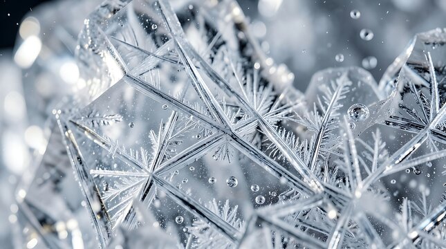 Extreme macro close up of ice crystal structure featuring geometric patterns and frozen water beads.