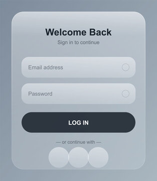 Glassmorphism login interface template, frosted glass sign in form with email and password fields, modern translucent mobile app UI design