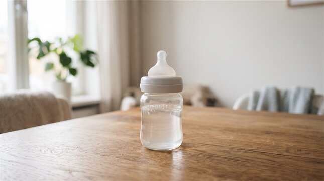 Glass baby bottle filled with water on a wooden table