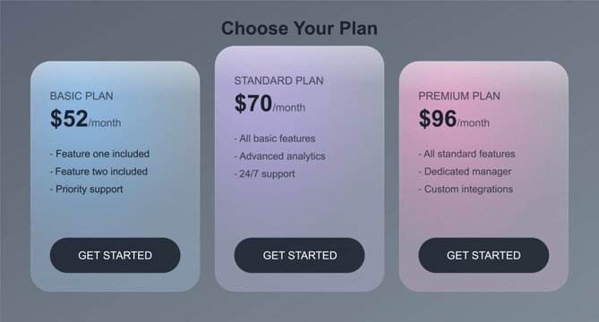 Glassmorphism pricing table with three subscription plans, modern UI design for web and mobile apps, sleek pricing cards with gradient backgrounds