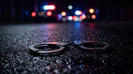 Metal handcuffs lying on wet asphalt road at night with blurred emergency police car lights in the background of a dark crime scene