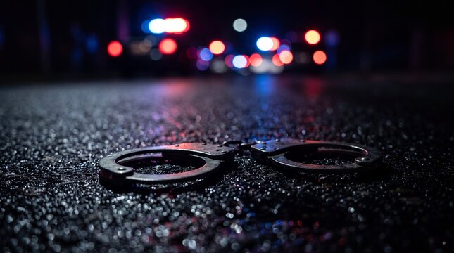 Metal handcuffs lying on wet asphalt road at night with blurred emergency police car lights in the background of a dark crime scene
