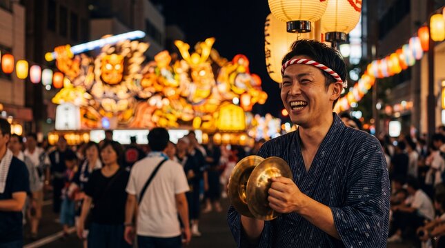 Smiling Japanese man in traditional yukata playing cymbals at a lively night festival with bright lanterns and large illuminated parade floats in the background
