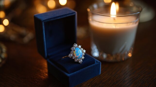 Ring in blue velvet box with candle