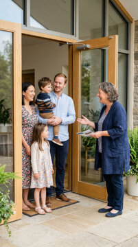 A friendly greeter welcomes a young family with a small child at the bright entrance of a modern church, showing hospitality, belonging and welcoming ministry in a diverse faith community. Copy space.