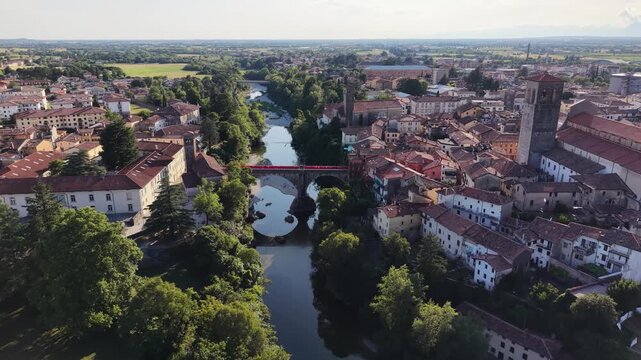 Drone shot of Devil's Bridge (Ponte del Diavolo) in Cividale del Friuli, Italy