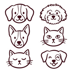 Fototapeta premium Set of cute hand drawn dog and cat head icons with simple line art style for pet shop or animal design