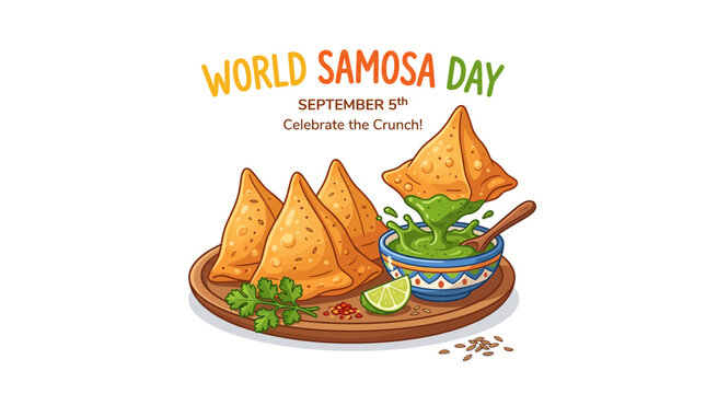Vibrant illustration celebrating World Samosa Day on September 5th, featuring crispy samosas with green chutney and lime on a wooden plate.