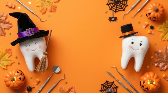 Halloween tooth with witch hat and toothbrushes on orange