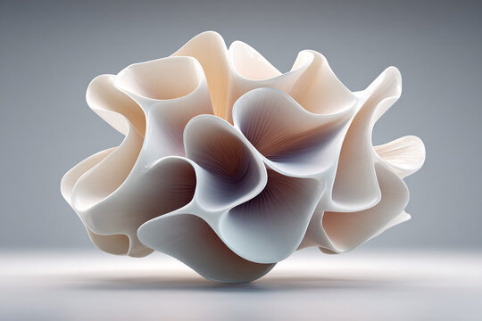 Abstract 3d render showing organic smooth flowing wavy shape layered in creamy white glossy porcelain material over minimal studio background, elegant clean futuristic fluid art concept illustration.