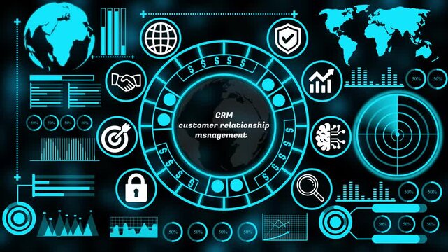 Strategic CRM customer relationship management concept with interconnected business technology internet icons supporting enterprise decision making and growth. 4k animation video 