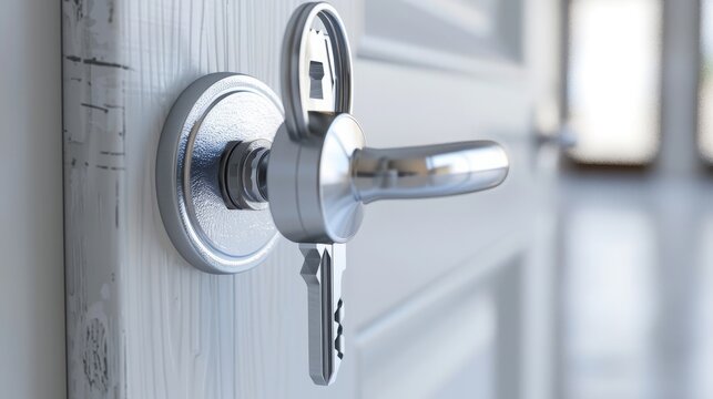 Door handle with a metal key inserted into the lock signifies home security and private ownership.