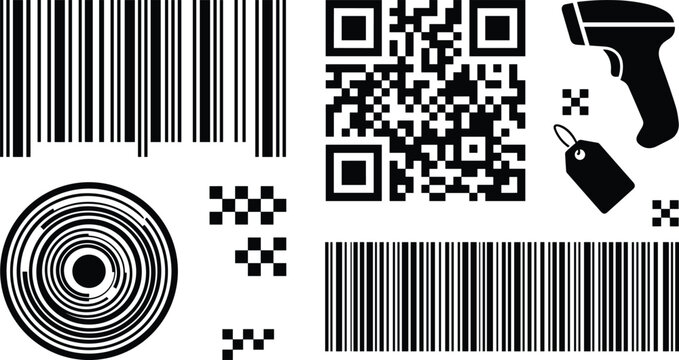 Barcode and QR Code Silhouette Icon Set with Handheld Laser Scanner, Price Tag, Circular Matrix, and Data Pixel Elements