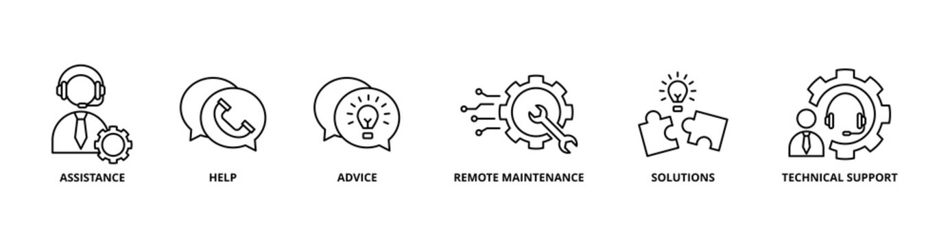 IT Expert icon set with assistance, help, advice, remote maintenance, solutions, and technical support