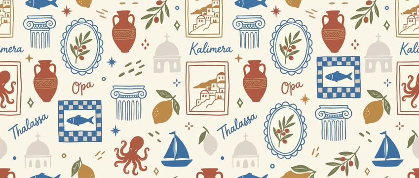 Mediterranean seamless pattern with Greek culture icons, hand drawn Greece travel background with amphora and olive branch, blue and terracotta aesthetic wallpaper for textile design