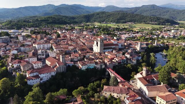 Drone shot of cityscape in Cividale del Friuli old town, Italy
