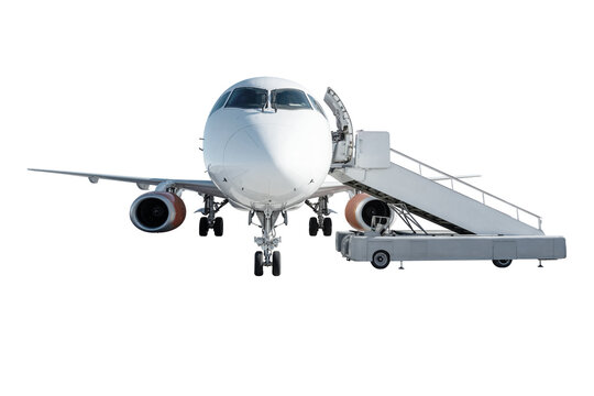 Front view of the passenger jetliner with aircraft steps isolated