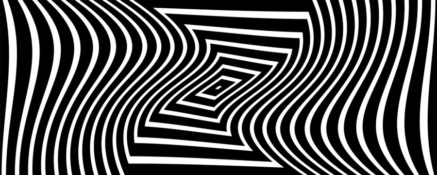 Vector design pattern with warped nested square lines in monochrome.