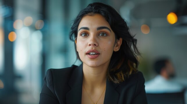 Businesswoman speaks directly to the camera during a professional video conference meeting in an office.