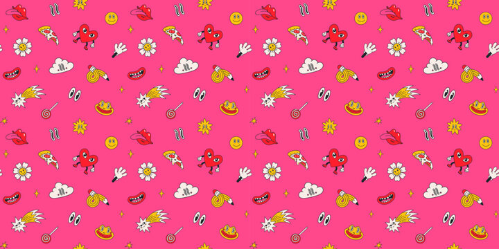 Seamless comic with hearts, flowers and candy