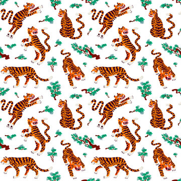Asian seamless pattern with full body tigers on white background. Drag to swatches panel to use