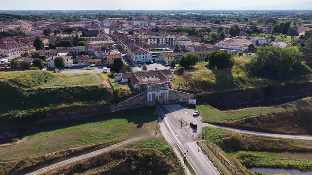 Aerial view of historic star fort gate entrance in Palmanova city, Italy