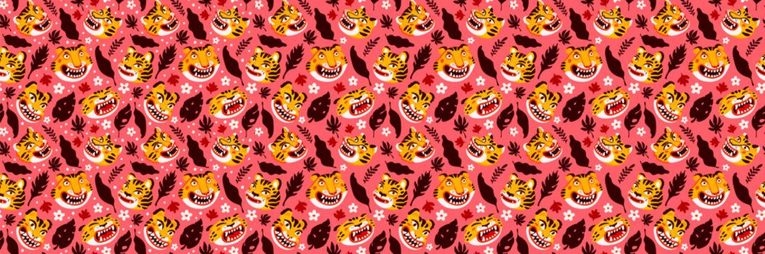 Asian seamless pattern with smiling tiger faces on pink background. Cartoon tiger illustration with tropical leaves for fabric and wrapping paper. Drag to swatches panel to use