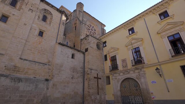 Low angle view of the cathedral and Episcopal Palace facades in old Cuenca Spain