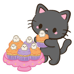 Fototapeta premium Cute Kawaii Chibi Black Cat Holding a Ghost Cupcake with Spooky Halloween Buttercream Pastel Clipart Illustration