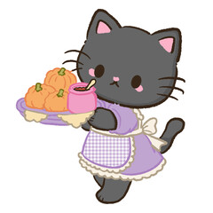 Fototapeta premium Cute Kawaii Chibi Black Cat Serving Mini Pumpkins with Pumpkin Jam on a Tea Party Tray Halloween Pastel Clipart Illustration