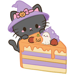 Fototapeta premium Cute Kawaii Chibi Black Cat Hugging a Giant Pumpkin Ghost Layer Cake Cozy Halloween Dessert Pastel Clipart Illustration