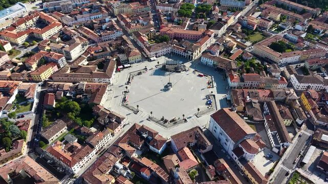Drone shot of main square Piazza Grande in star fort city Palmanova, Italy