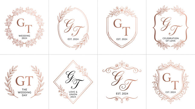 Elegant rose gold wedding monogram logos, collection with intertwined initials and botanical frames, for luxurious event branding, design by alevidhanu